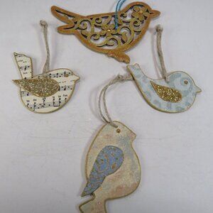 Wooden Bird (4) Christmas Ornaments w gold accents